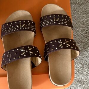 Naturalizer Brown Double-Strap Studded Slide Sandals